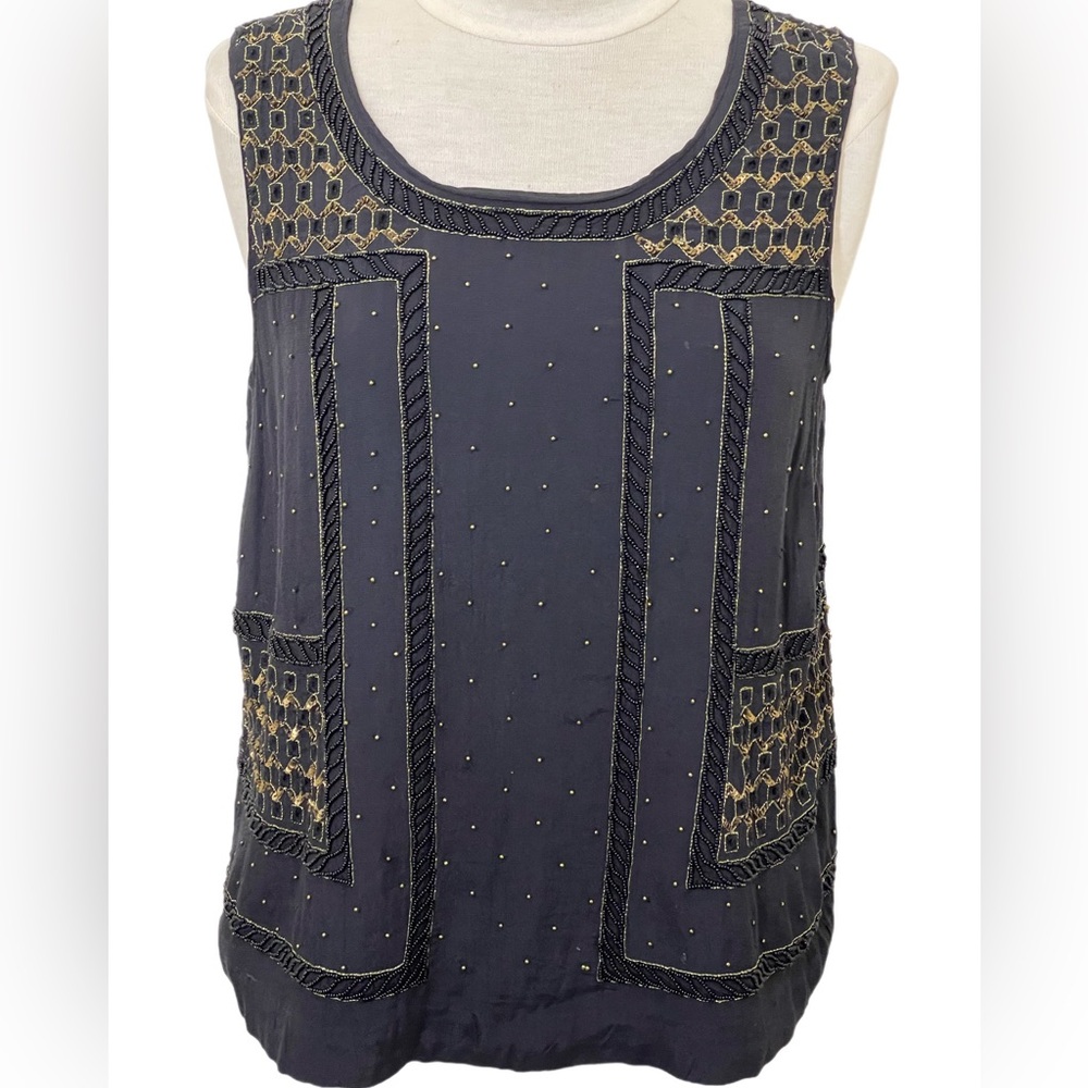 LUCKY BRAND designer black 20s style SILK GOLD BEADED SEQUIN SHELL lined.M
